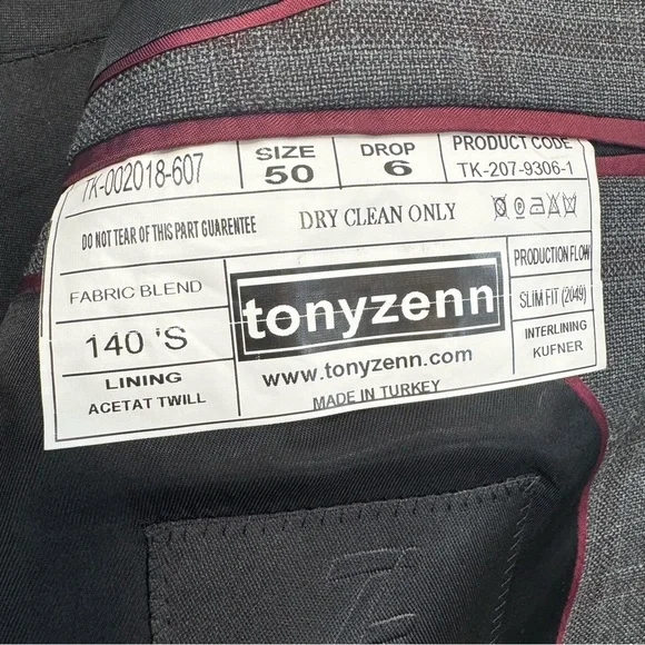 Tonyzenn 3-Piece Super 140’s Wool Slim Suit 40R 35x36 Unhemmed Gray NWT